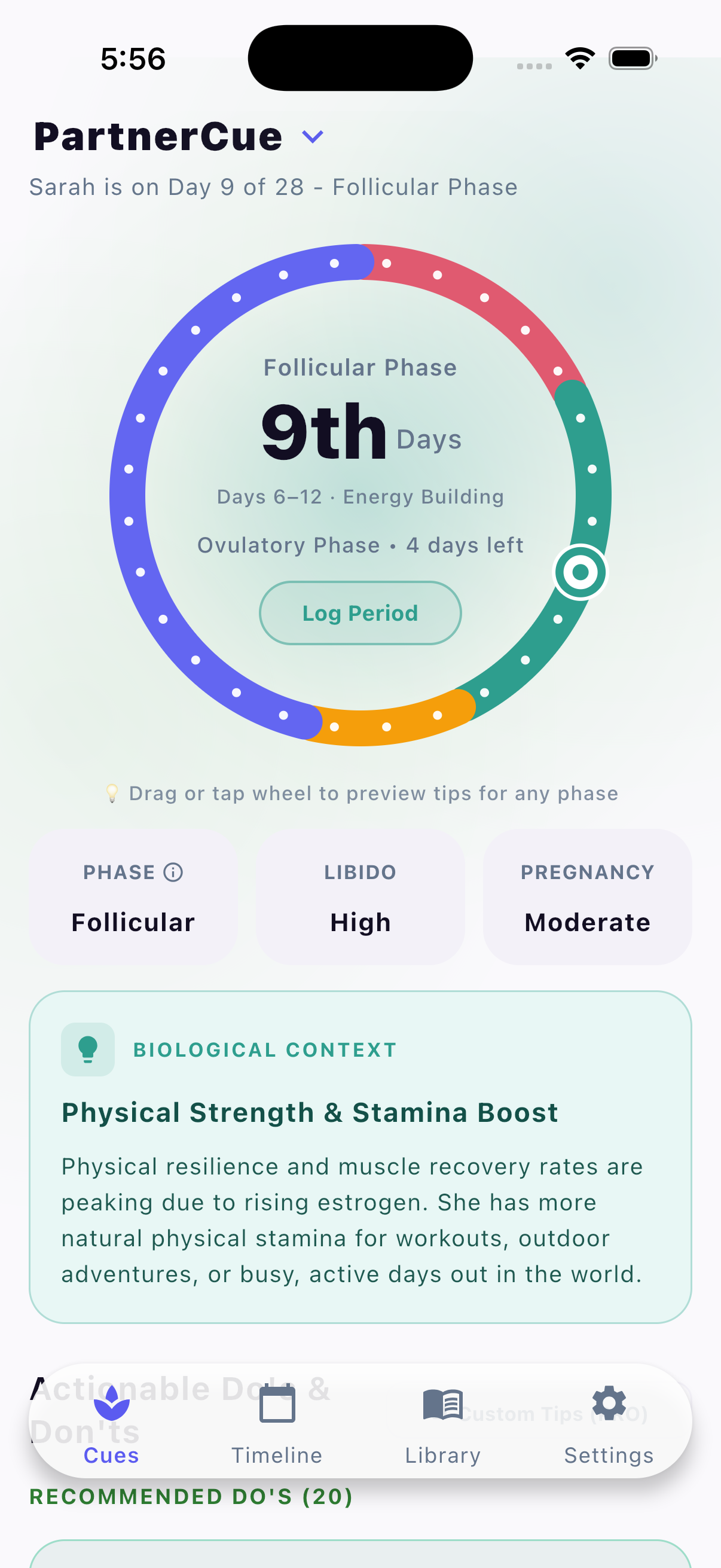 PartnerCue cycle dashboard showing the follicular phase wheel on day 9 with libido and pregnancy indicators