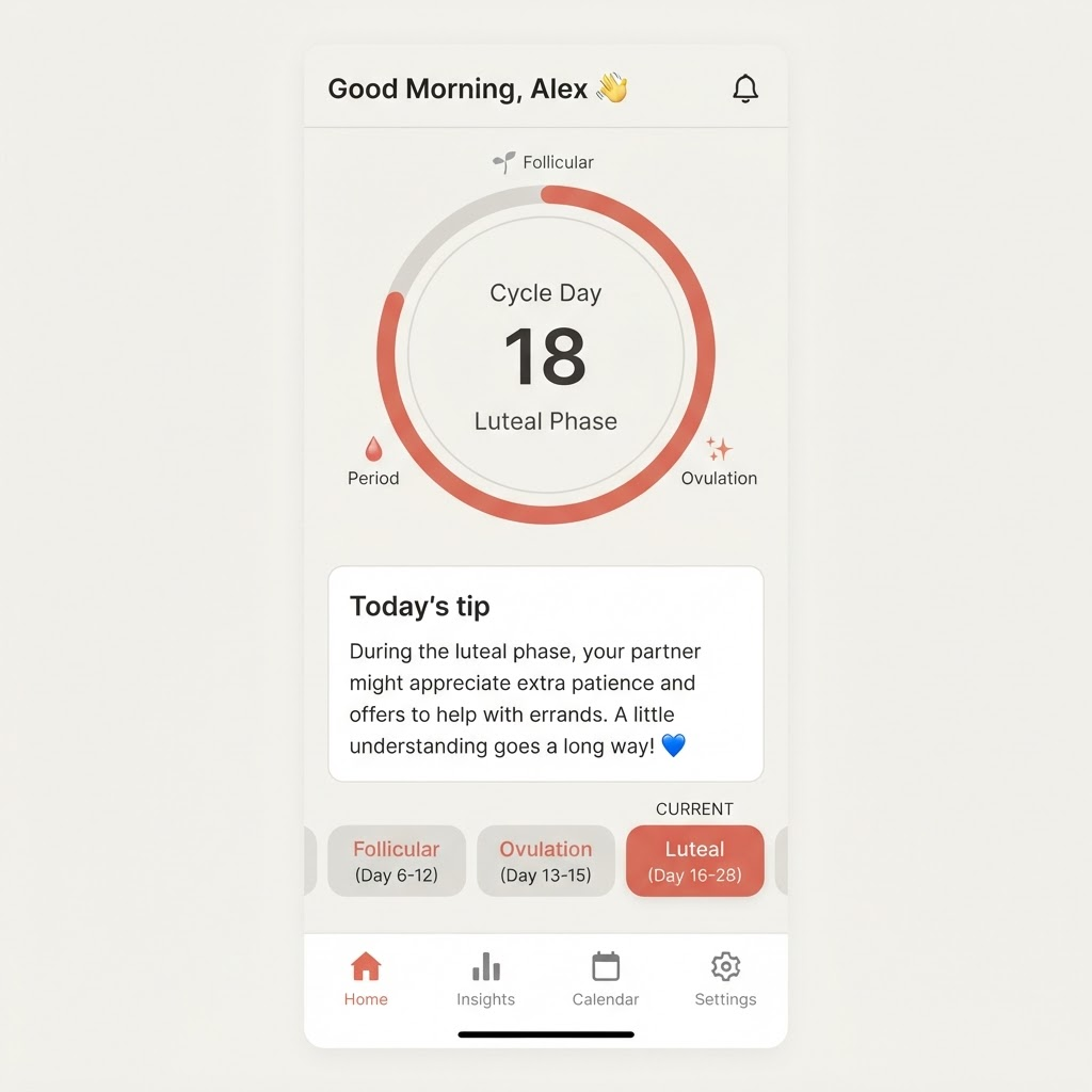 Screenshot: PartnerCue mobile app showing the current cycle phase and a support tip